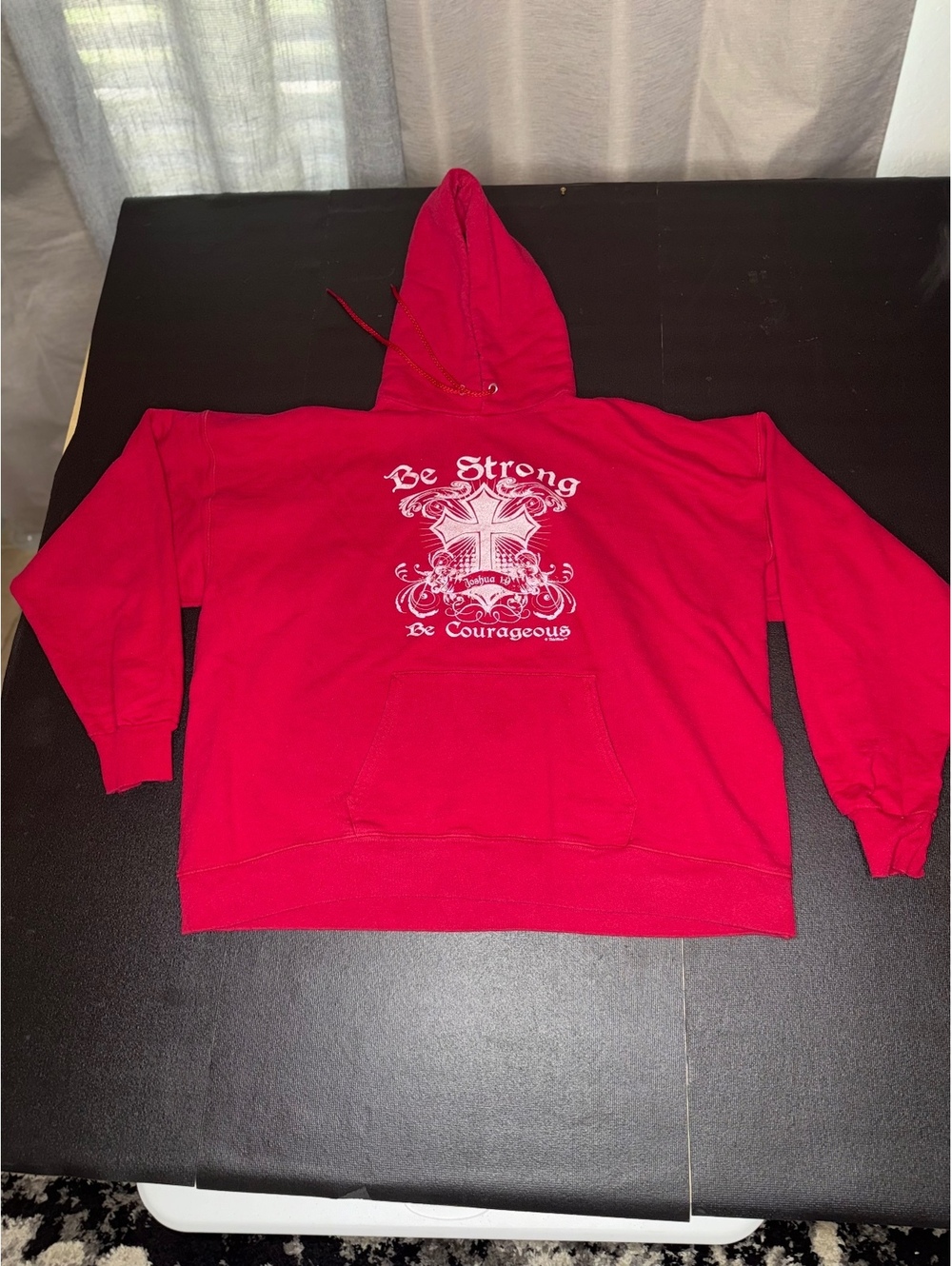 Fruit of the Loom Red Hoodie with Be Strong Be Courageous Em